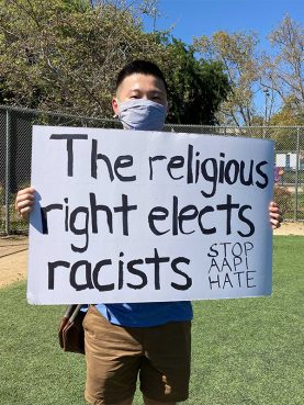 Justin Koh, 36, of Los Angeles, attended the “A Call for Solidarity” gathering on Sunday, March 28, 2021 at Seoul International Park in Los Angeles’ Koreatown. RNS photo by Alejandra Molina