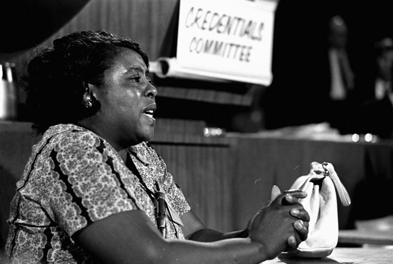 In this Aug. 22, 1964, photograph, Fannie Lou Hamer, a leader of the Freedom Democratic party, speaks before the credentials committee of the Democratic National Convention in Atlantic City, in efforts to win accreditation for the largely African American group as Mississippi's delegation to the convention, instead of the all-white state delegation. (AP Photo/File)