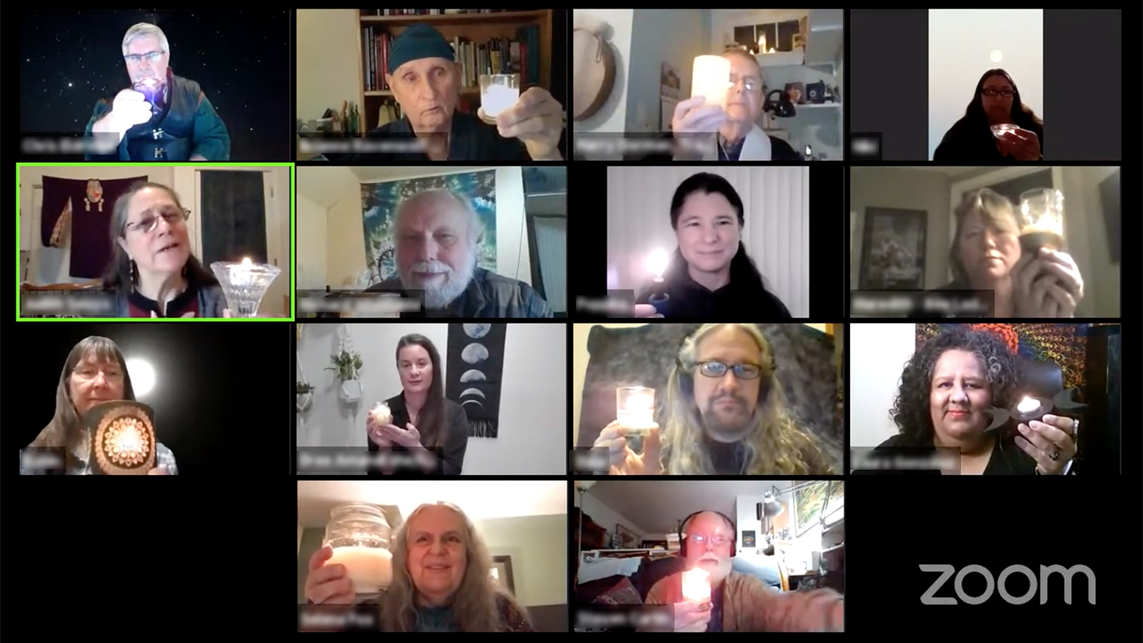 People participate in a virtual full moon circle, hosted by Circle Sanctuary, Saturday, Feb. 27, 2021. Names redacted. Video screengrab