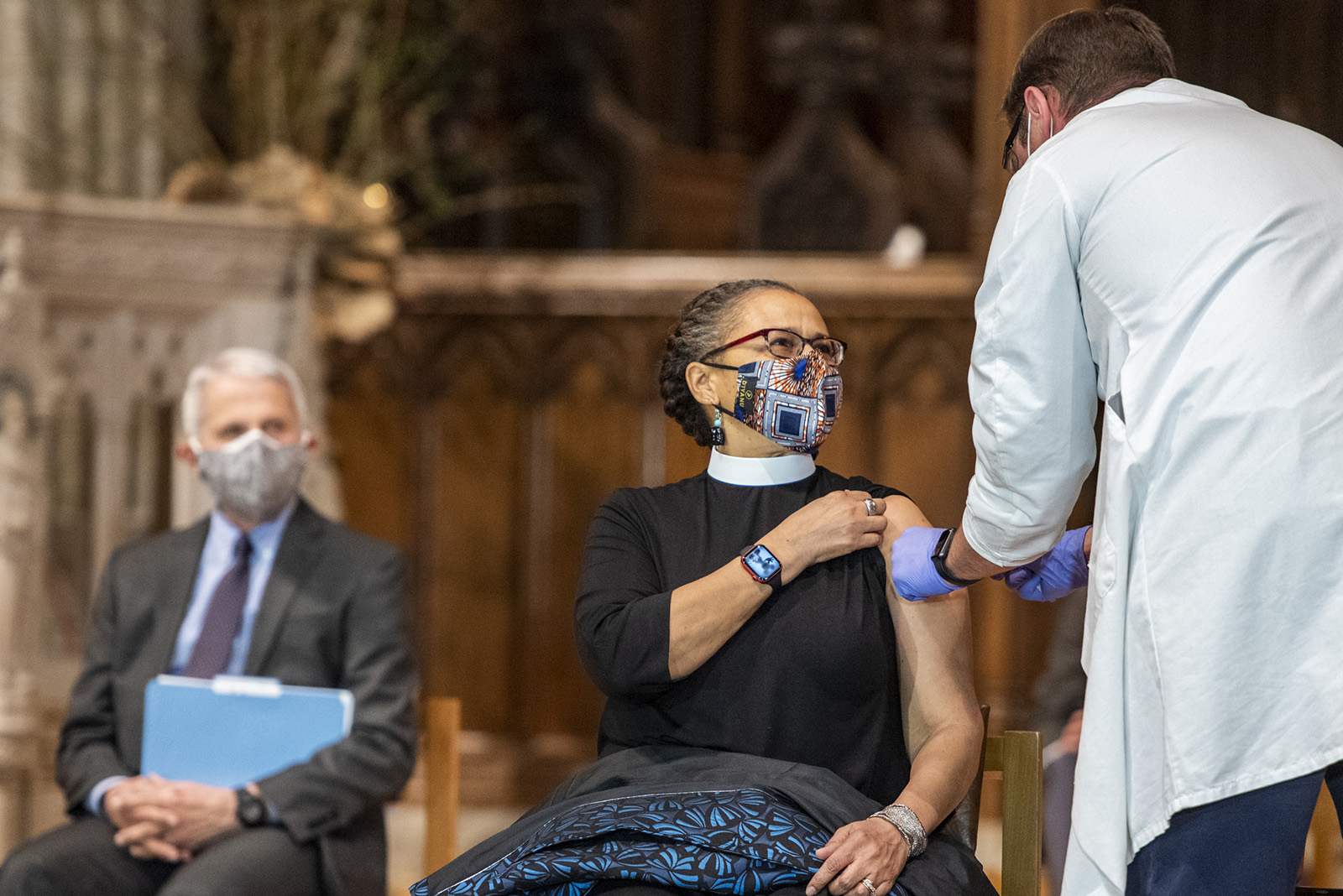 The Rev. Patricia Hailes Fears, pastor of the Fellowship Baptist Church in Washington, receives the Johnson & Johnson COVID-19 vaccine during a gathering of a group of interfaith clergy members, community leaders and officials at the Washington National Cathedral, to encourage faith communities to get the COVID-19 vaccine, Tuesday, March 16, 2021, in Washington. Photo by Danielle E. Thomas/Washington National Cathedral