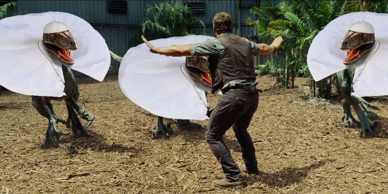 A meme of papal raptors with Chris Pratt in Jurassic World. Image via social media