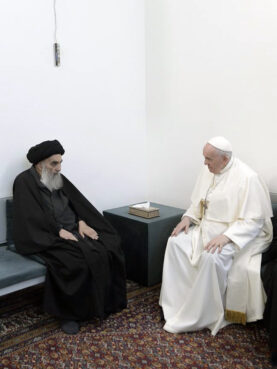 Pope Francis, right, meets with Grand Ayatollah Ali al-Sistani in Najaf, Iraq, Saturday, March 6, 2021. Photo courtesy of Vatican Media