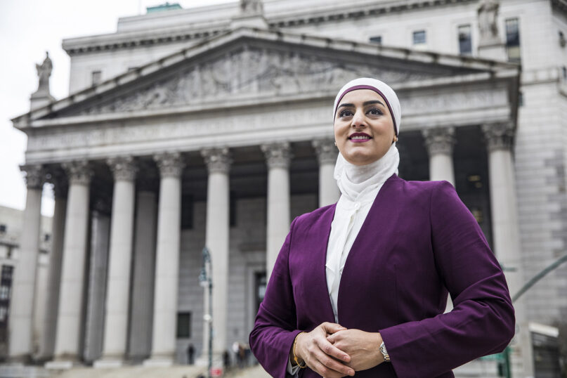 Tahanie Aboushi at the New York State Supreme Court Building in Manhattan. Photo by Kisha Bari