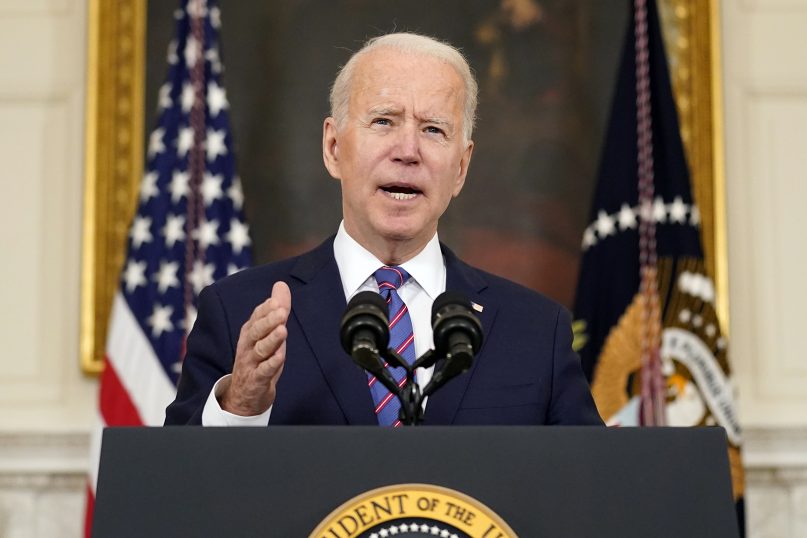 President Joe Biden speaks in the State Dining Room of the White House, April 2, 2021, in Washington. (AP Photo/Andrew Harnik)