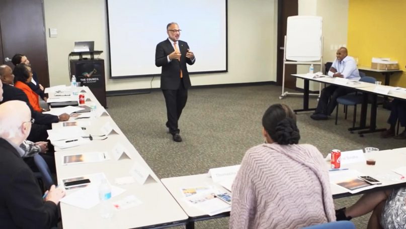 Christian Thrasher, senior director of substance use disorders and recovery, speaks to a convening of faith leaders across different denominations in Houston, as part of a Clinton Foundation series of learning sessions in the community of opioids and substance misuse. Screenshot from “Houston Area Faith Leaders Combat the Opioid Crisis” YouTube video courtesy of The Clinton Foundation