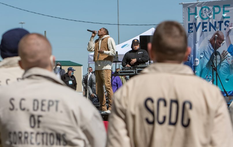 Lecrae performs at a Hope Event at a correctional facility outside of Columbia, South Carolina. Photo courtesy of Prison Fellowship
