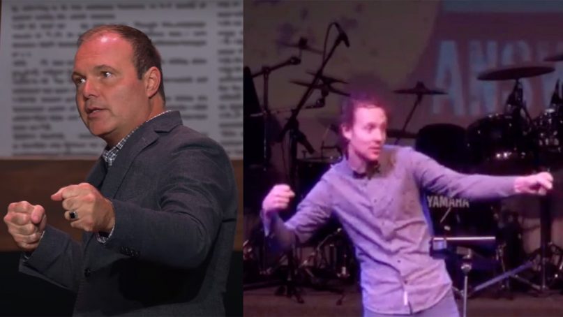Pastor Mark Driscoll, left, gestures while making a bow and arrow analogy in Aug. 2019. Pastor Zach Stewart, right, used the same gesture and analogy while preaching a very similar sermon to Driscoll’s in April 2021. Video screengrabs