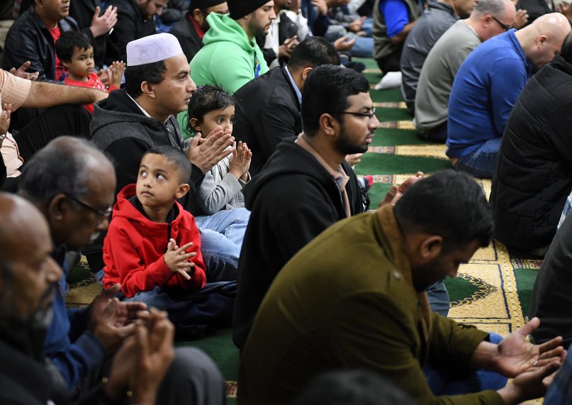 In this Feb. 3, 2017, file photo, people pray as part of a nationwide day of unity at the Islamic Center of Southern California, in Los Angeles. (AP Photo/Mark J. Terrill)