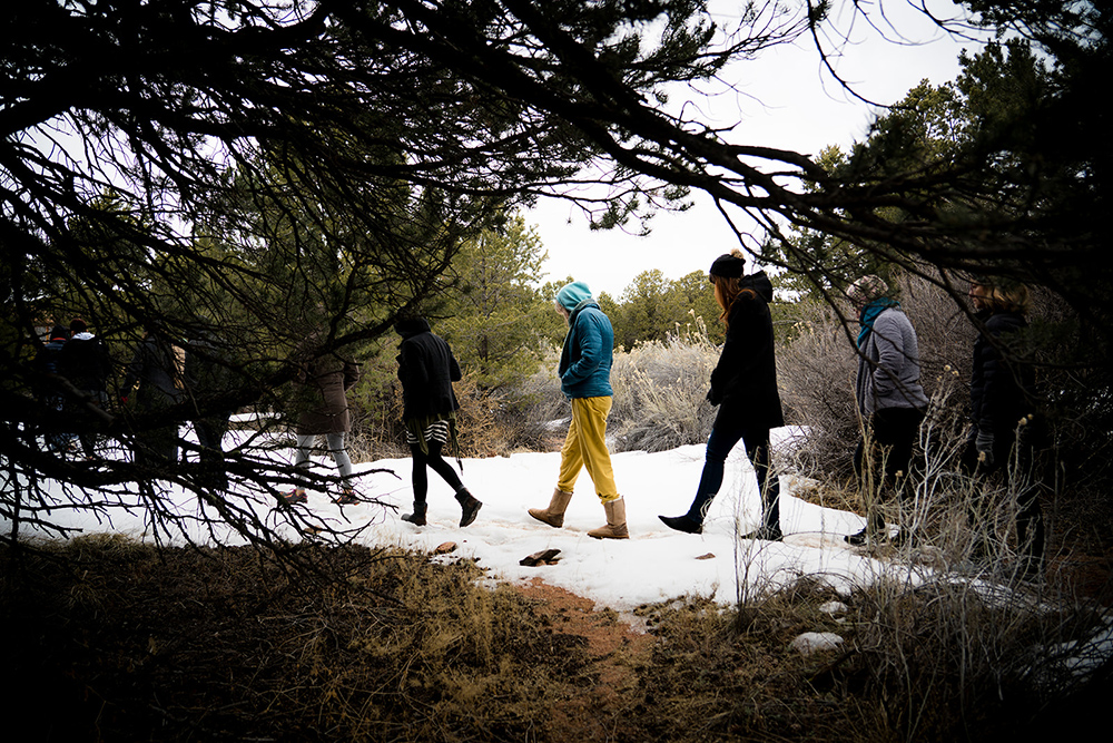 People participate in a walking meditation at Mountain Cloud Zen Center in Sante Fe, New Mexico. Photo by Genevieve Russell