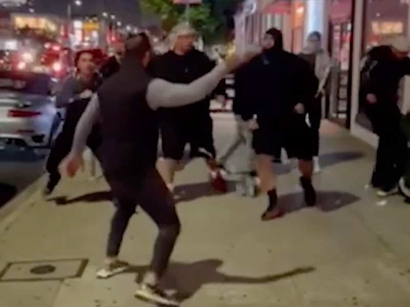 Video footage of a fight outside of a sushi restaurant in the Beverly Grove area of Los Angeles on May 18, 2021. Video screengrab