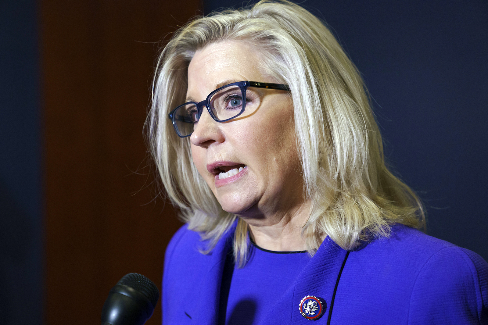 Rep. Liz Cheney, R-Wyo., speaks to reporters at the Capitol in Washington on May 12, 2021, after House Republicans voted to oust her from her leadership post as chair of the House Republican Conference because of her repeated criticism of former President Donald Trump for his false claims of election fraud and his role in instigating the Jan. 6 U.S. Capitol attack. (AP Photo/J. Scott Applewhite)