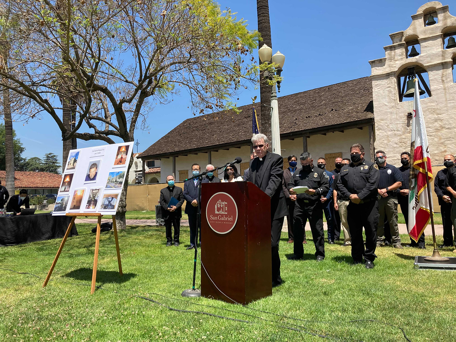 The Rev. John Molyneux, pastor of San Gabriel Mission, said the parish community had been “rocked by this incident,” during a press conference Tuesday, May 4, 2021, in San Gabriel, California. RNS photo by Alejandra Molina
