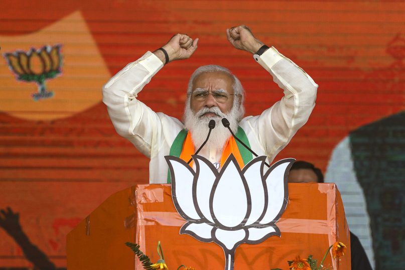 In this March 7, 2021, file photo, Indian Prime Minister Narendra Modi addresses a public rally ahead of West Bengal state elections in Kolkata, India. (AP Photo/Bikas Das, File)