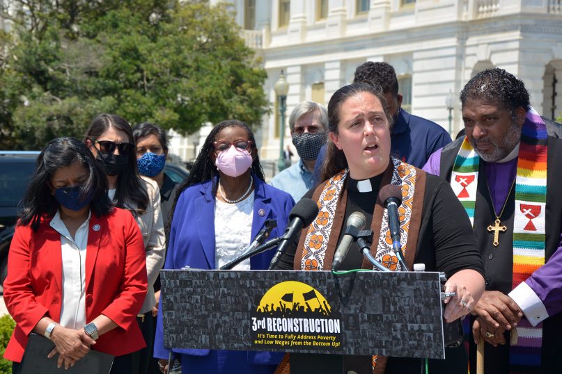Poor People’s Campaign co-chair the Rev. Liz Theoharis speaks during the announcement of a new resolution titled “Third Reconstruction: Fully Addressing Poverty and Low Wages From the Bottom Up,” May 20, 2021, on Capitol Hill in Washington. RNS photo by Jack Jenkins