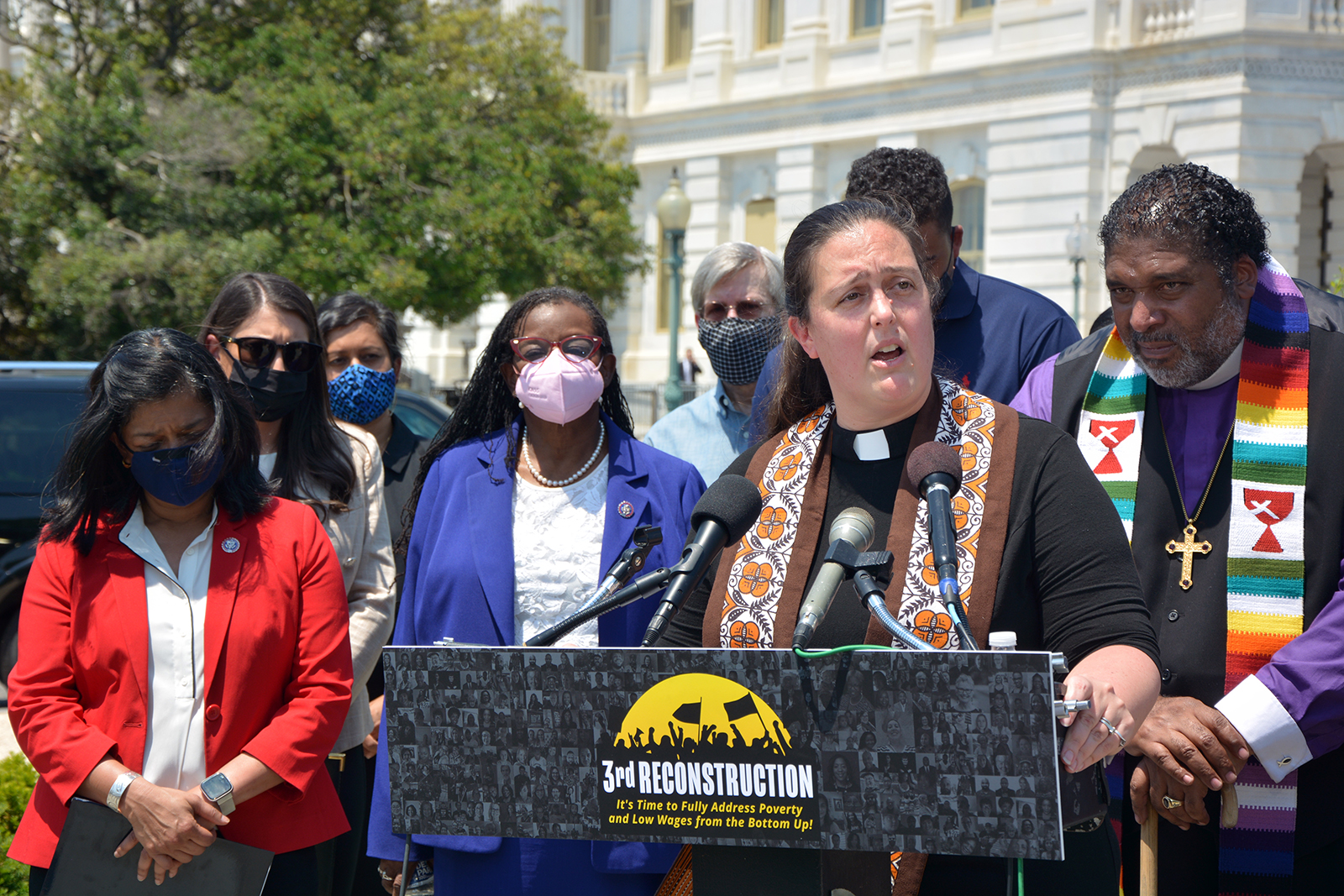 Poor People’s Campaign co-chair the Rev. Liz Theoharis speaks during the announcement of a new resolution titled “Third Reconstruction: Fully Addressing Poverty and Low Wages From the Bottom Up,” May 20, 2021, on Capitol Hill in Washington. RNS photo by Jack Jenkins