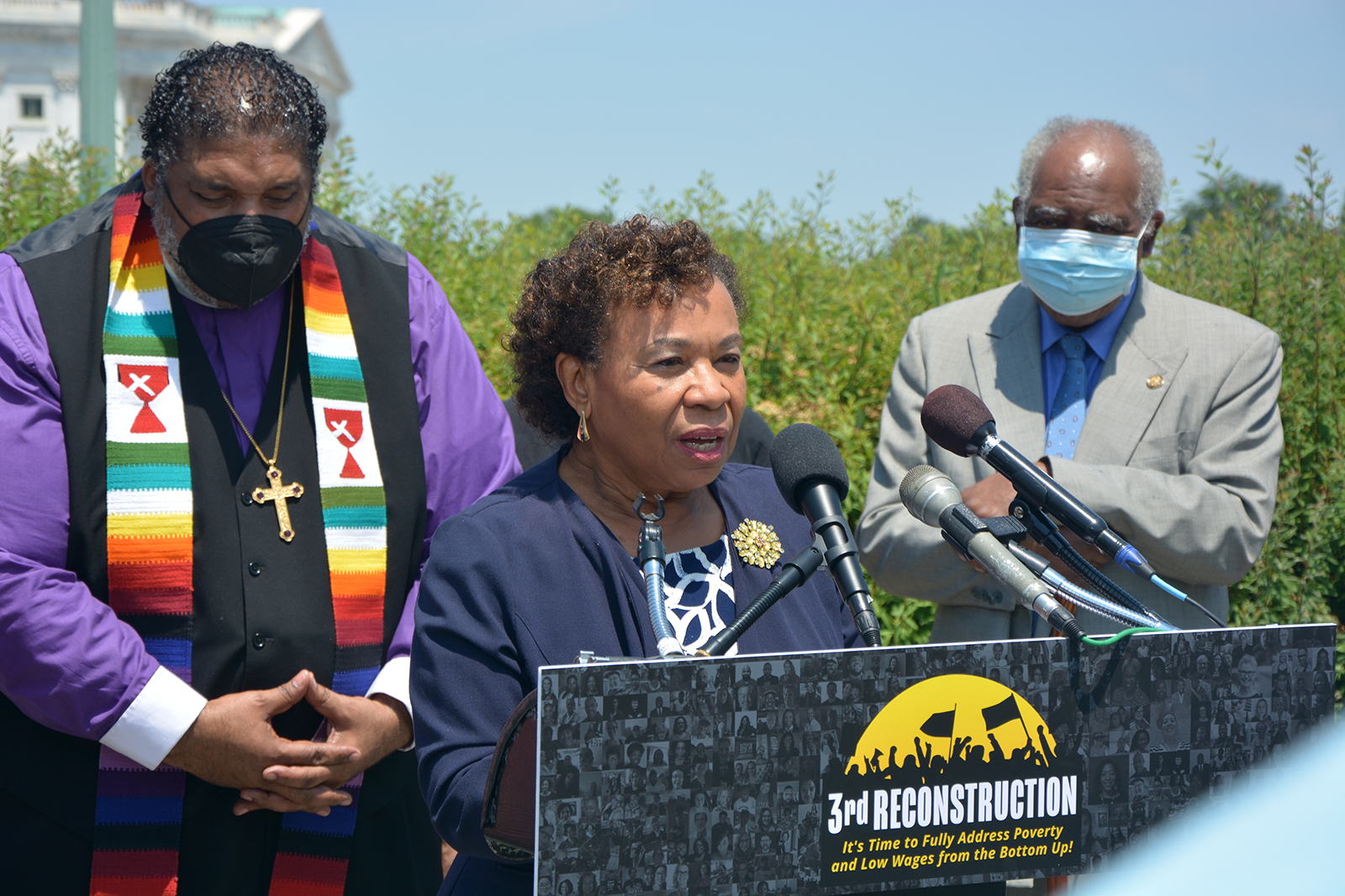 Rep. Barbara Lee of California speaks during the announcement of a new resolution titled “Third Reconstruction: Fully Addressing Poverty and Low Wages from the Bottom Up,” Thursday, May 20, 2021, on Capitol Hill in Washington. RNS photo by Jack Jenkins
