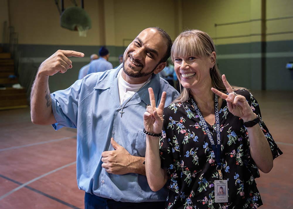 Vickie Reddy, assistant director of North Park’s School of Restorative Arts, right, poses with a student at Stateville Correctional Center in Illinois in Oct. 2019. Photo by Karl Clifton-Soderstrom, courtesy North Park University