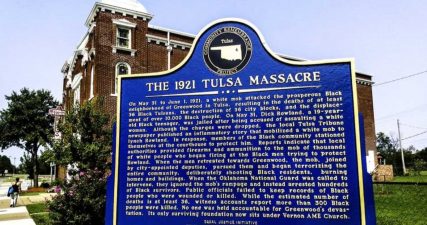 A historical marker outside Vernon AME Church about of the 1921 Tulsa Race Massacre. Photo courtesy of Tulsa2021.org
