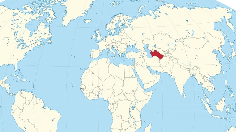 Turkmenistan, red, located in central Asia. Map courtesy of Creative Commons