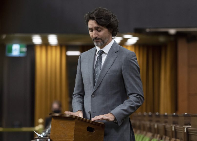 Canadian Prime Minister Justin Trudeau speaks during a debate about the discovery of remains of 215 children at the site of the Kamloops Indian Residential School, in the House of Commons, in Ottawa, Ontario, Tuesday, June 1, 2021. (Adrian Wyld/The Canadian Press via AP)