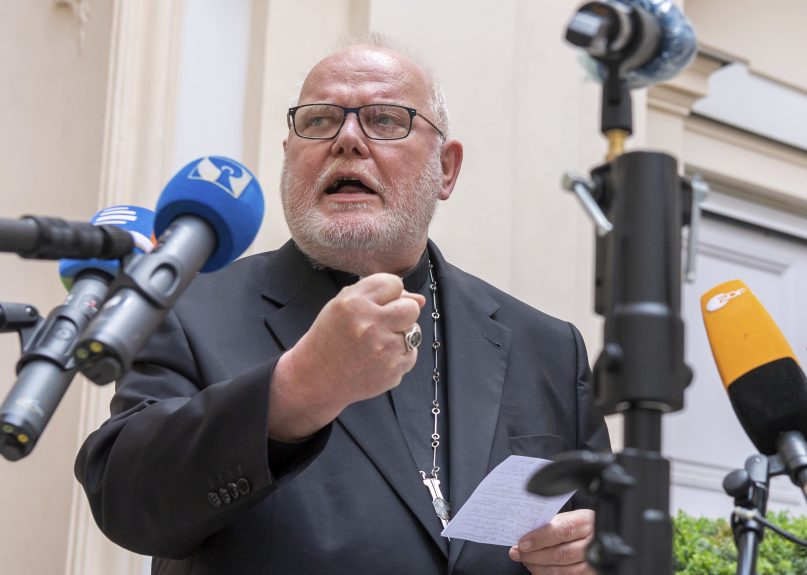Cardinal Reinhard Marx, archbishop of Munich and Freising, gives a statement to the press in the courtyard of his residence in Munich on June 4, 2021. Marx, a leading German cardinal and confidant of Pope Francis, has offered to resign over the church’s mishandling of clergy sexual abuse scandals and declared that the church had arrived at “a dead end.” Marx published his resignation letter to the pope online. (Peter Kneffel/dpa via AP)