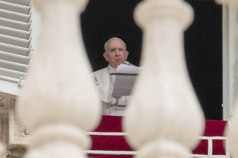 Pope Francis delivers his speech as he recites the Angelus noon prayer from the window of his studio overlooking St.Peter's Square, at the Vatican, Sunday, June 20, 2021. (AP Photo/Andrew Medichini)