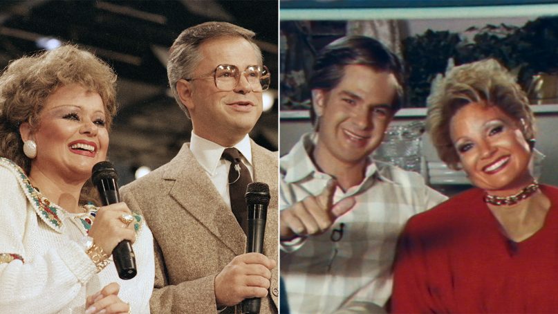 Jim and Tammy Faye Bakker, left, in Aug 1986. Actors Andrew Garfield and Jessica Chastain as the famous televangelist couple in the upcoming biopic, “The Eyes of Tammy Faye.” (AP Photo/Lou Krasky, left; Photo courtesy Searchlight Pictures)