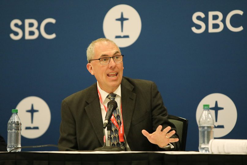 Pastor Bart Barber speaks during the news conference featuring members of the Resolutions Committee at the annual Southern Baptist Convention on Wednesday, June 16, 2021, in Nashville. RNS photo by Kit Doyle