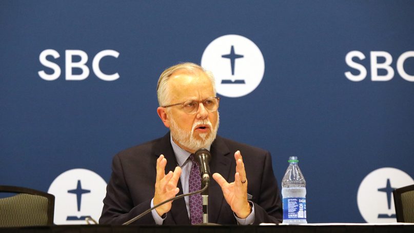 The Rev. Ed Litton speaks during a news conference after his election as president of the Southern Baptist Convention during the SBC’s annual meeting, June 15, 2021, in Nashville, Tennessee. RNS photo by Kit Doyle