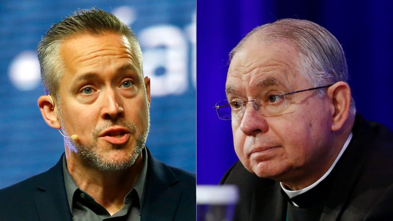Outgoing Southern Baptist Convention President J.D. Greear, left, and USCCB President Archbishop Jose Gomez. (RNS Photo, left. AP Photo, right)