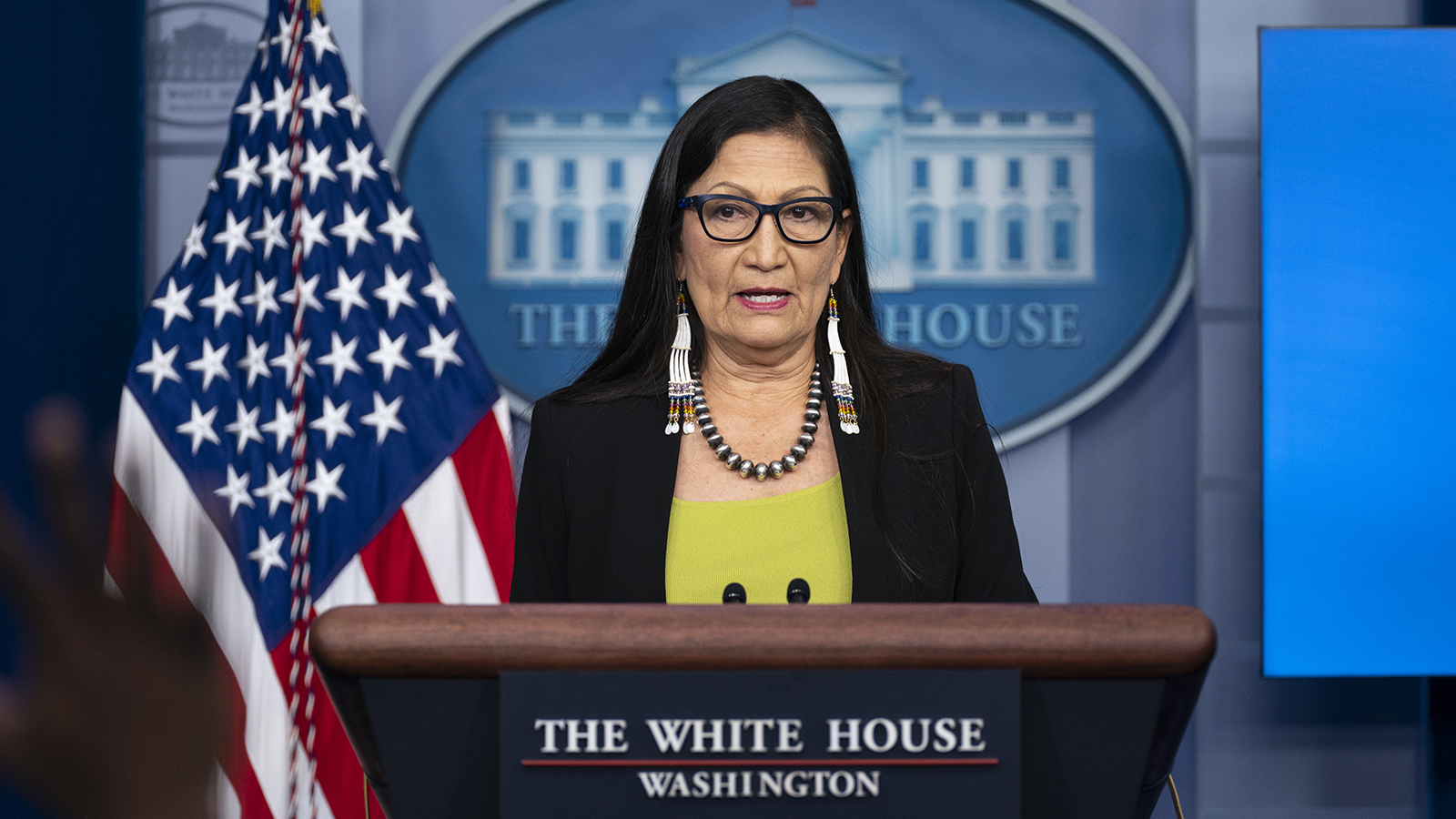 In this April 23, 2021, file photo, Interior Secretary Deb Haaland speaks during a news briefing at the White House in Washington. On June 22, 2021, Haaland and other federal officials announced steps that the federal government plans to take to reconcile the legacy of boarding school policies on Indigenous families and communities across the U.S. (AP Photo/Evan Vucci, File)