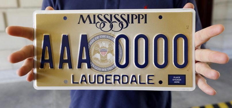 In this May 10, 2018, file photo, Mississippi’s standard license plate is shown at the Capitol in Jackson, Mississippi. (AP Photo/Rogelio V. Solis, File)