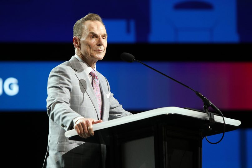 The Rev. Ronnie Floyd, president of the SBC Executive Committee, addresses the annual meeting, Tuesday, June 15, 2021, in Nashville. RNS photo by Kit Doyle