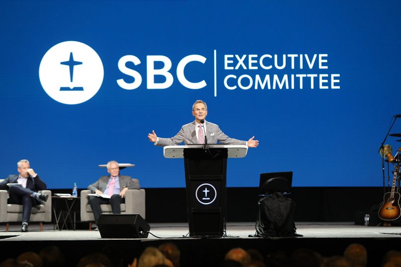 The Rev. Ronnie Floyd, president of the SBC Executive Committee, addresses the annual meeting June 15, 2021, in Nashville, Tennessee. RNS photo by Kit Doyle