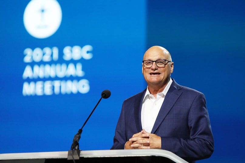Willy Rice, senior pastor of Calvary Church in Clearwater, Florida, delivers the Convention Sermon, Wednesday, June 16, 2021, during the Southern Baptist Convention annual meeting in Nashville. RNS photo by Kit Doyle