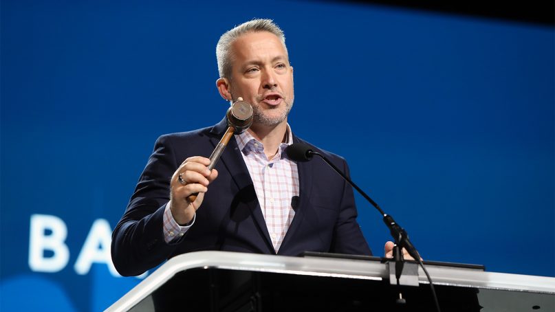 Southern Baptist Convention President J.D. Greear uses the Judson gavel during the opening of the annual meeting June 15, 2021, at the Music City Center in Nashville, Tennessee. RNS photo by Kit Doyle
