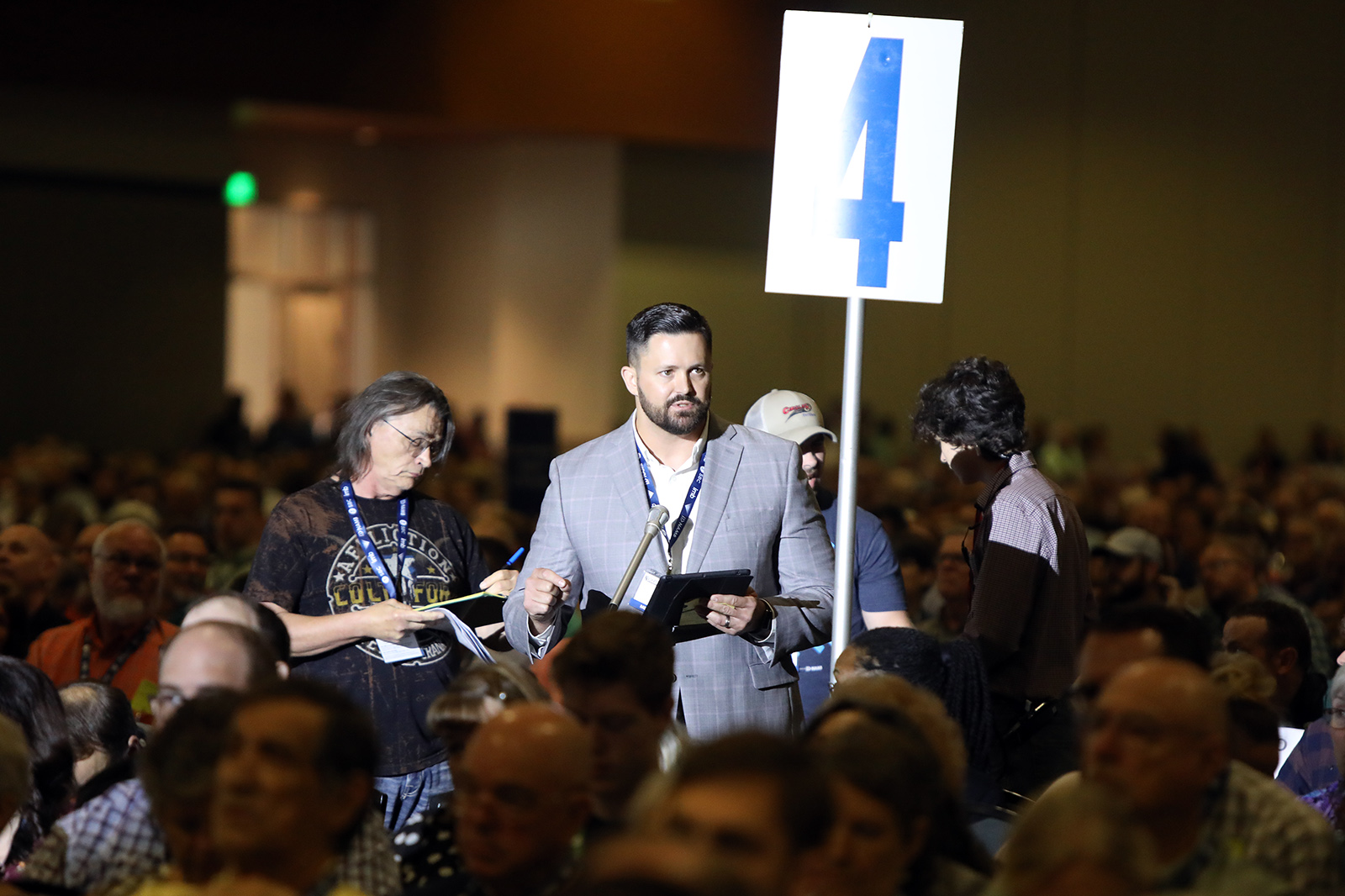 Tennessee pastor and messenger Grant Gaines talks about his proposed task force during the Southern Baptist Convention annual meeting, Wednesday, June 16, 2021, in Nashville. RNS photo by Kit Doyle