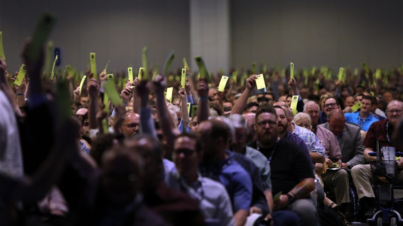 Messengers vote during the Southern Baptist Convention annual meeting at Music City Center, June 15, 2021, in Nashville, Tennessee. RNS photo by Kit Doyle