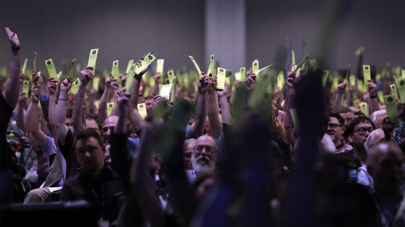 Messengers vote during the Southern Baptist Convention annual meeting at Music City Center, Tuesday, June 15, 2021, in Nashville. RNS photo by Kit Doyle