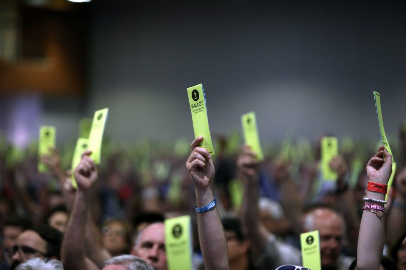 Messengers vote during the annual meeting of the Southern Baptist Convention, Tuesday, June 15, 2021, at the Music City Center in Nashville. RNS photo by Kit Doyle