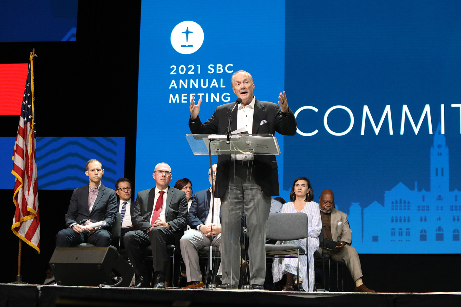 James Merritt, backed by members of the Committee on Resolutions, addresses the Southern Baptist Convention annual meeting June 15, 2021, in Nashville, Tennessee. A then member of the committee, Bart Barber is now the committee chair. RNS photo by Kit Doyle