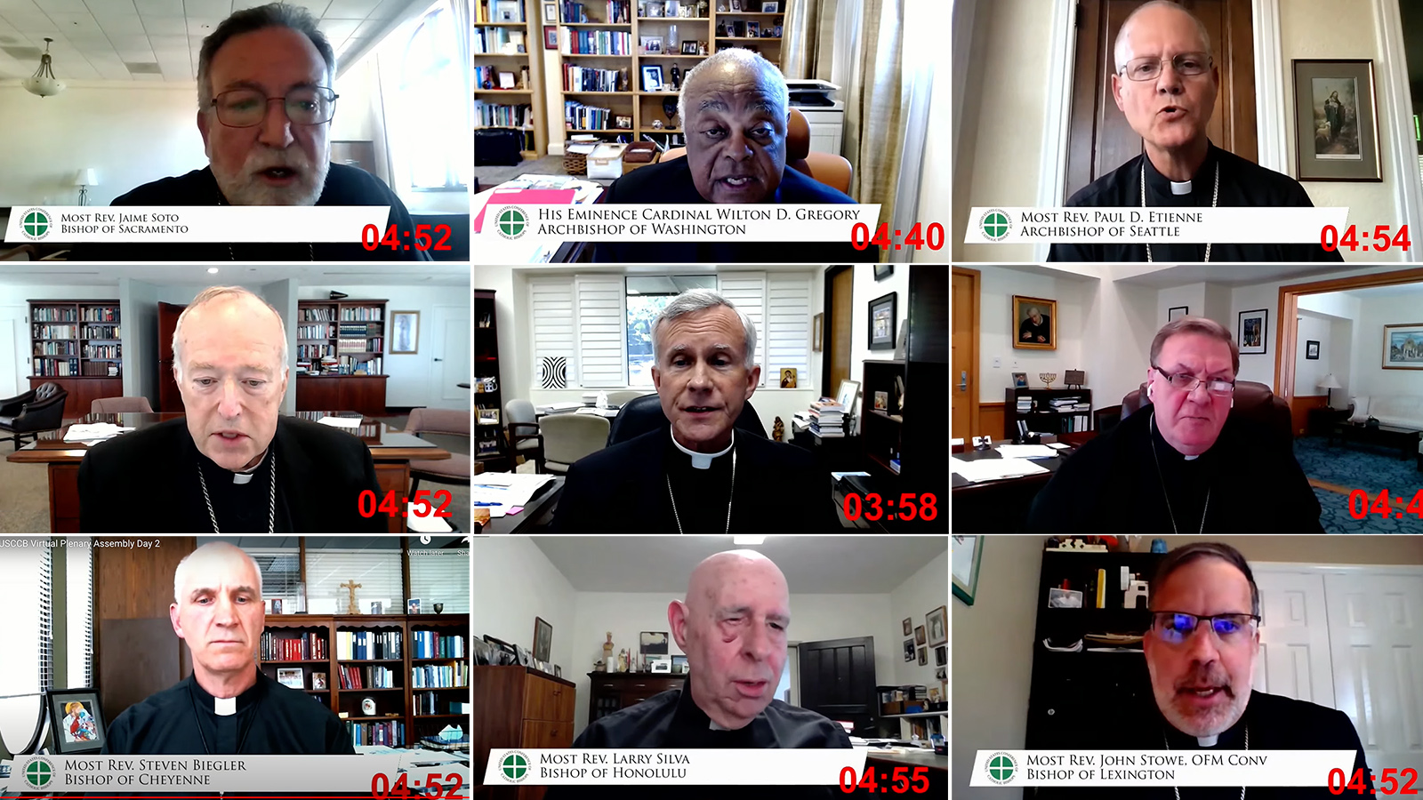 Video screengrabs of clergy participating in the annual spring meeting of the U.S. Conference of Catholic Bishops, Thursday, June 17, 2021. Video screengrabs