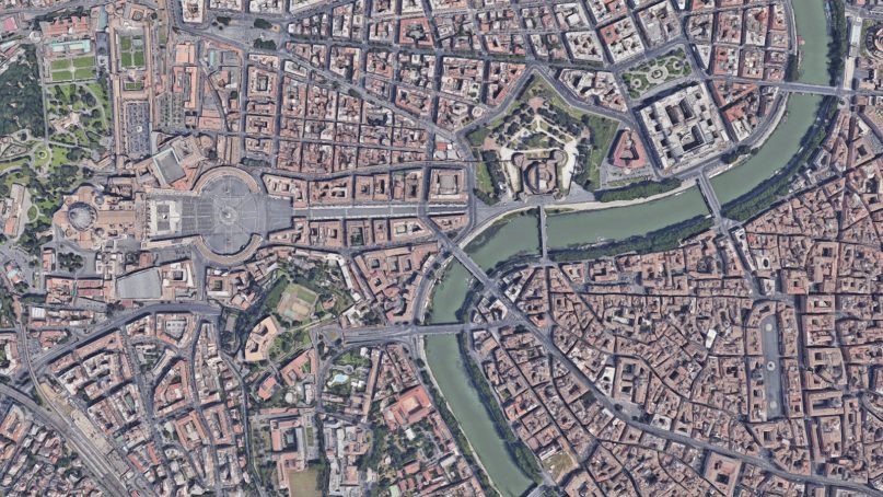 An aerial view of Vatican City, left, in Rome. Image courtesy Google Maps