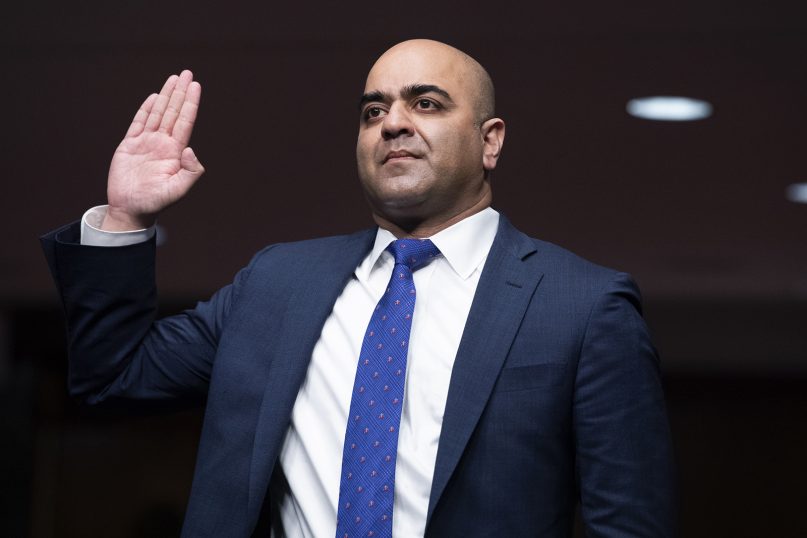 Zahid Quraishi, nominated by U.S. President Joe Biden to be a U.S. District Judge for the District of New Jersey, is sworn in during a Senate Judiciary Committee hearing on pending judicial nominations, Wednesday, April 28, 2021, on Capitol Hill in Washington. (Pool photo by Tom Williams)