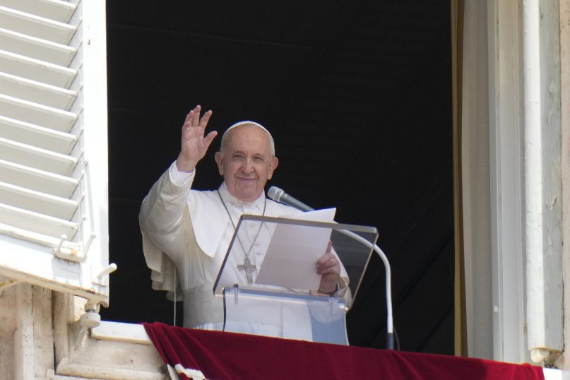FILE - In this Sunday, July 4, 2021 file photo, Pope Francis waves to the crowd as he arrives to recite the Angelus noon prayer from the window of his studio overlooking St.Peter's Square, at the Vatican. In a brief announcement Sunday afternoon the Vatican said Pope Francis has gone to a Rome hospital for scheduled surgery for a stenosis, or restriction, of the large intestine. (AP Photo/Alessandra Tarantino, file)