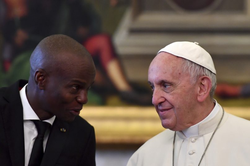 In this Jan. 26, 2018, file photo, Haiti President Jovenel Moise meets with Pope Francis during a private audience at the Vatican. Pope Francis is sending condolences from the hospital to Haiti after what he said was the “heinous assassination” of its president. In a telegram Thursday signed by the Vatican secretary of state, Francis condemned “all forms of violence as a means of resolving crises and conflicts.” (Alberto Pizzoli/Pool Photo Via AP)