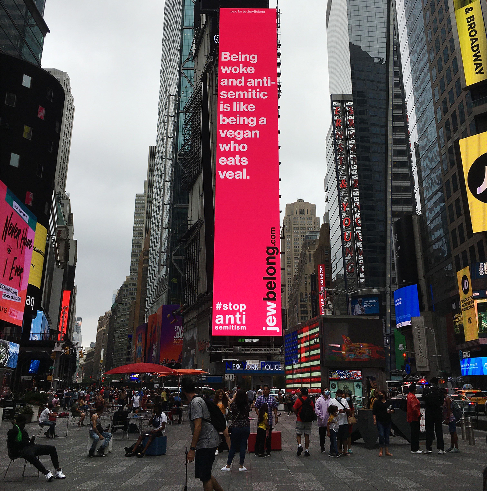 A large billboard displays a message against antisemitism from JewBelong in Times Square, Monday, July 12, 2021, in New York City. RNS photo by Renée Roden