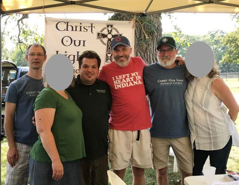 Christopher Lapeyre, from left, Mark Rivera, Bishop Stewart Ruch III, and Fr. Rand York at a Christ Our Light Anglican Church event in 2017. Female faces redacted by RNS. Photo via Facebook/Rand York