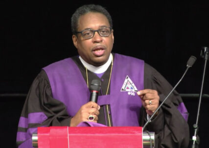 Bishop Moore preaches the sermon during the AME Zion Church General Conference on July 28. Screengrab couretesy of AME Zion Church General Conference livestream