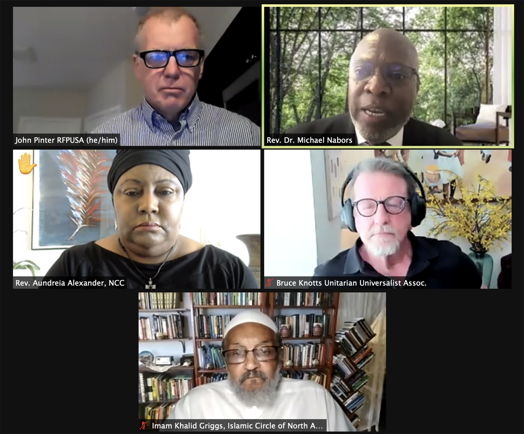 The Rev. Michael C.R. Nabors, top right, speaks during a webinar hosted by Religions for Peace USA, Thursday, June 22, 2021. Video screengrab